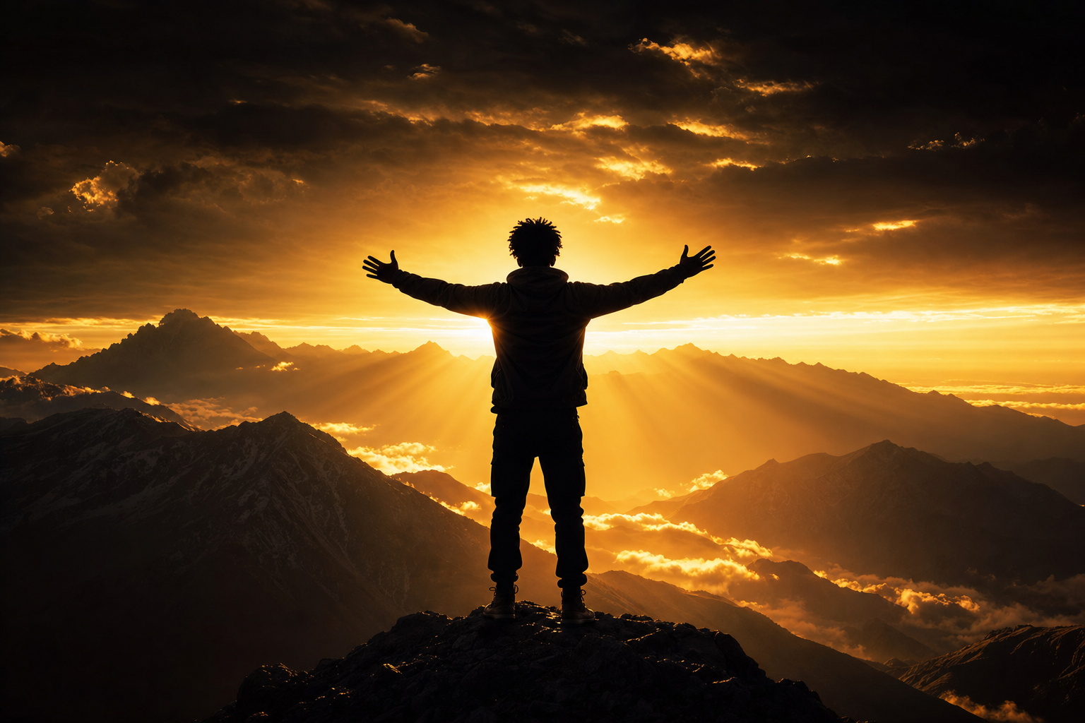 Une personne au sommet d'une montagne, bras ouverts face au lever de soleil doré